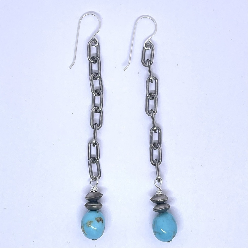 Long Navajo Turquoise Earrings 3.25in Sterling 925 Dangle Navajo Matte Chain - Picture 5 of 9